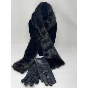 Black Fur Pull-Through Scarf & Black Vinyl Gloves Size Small
